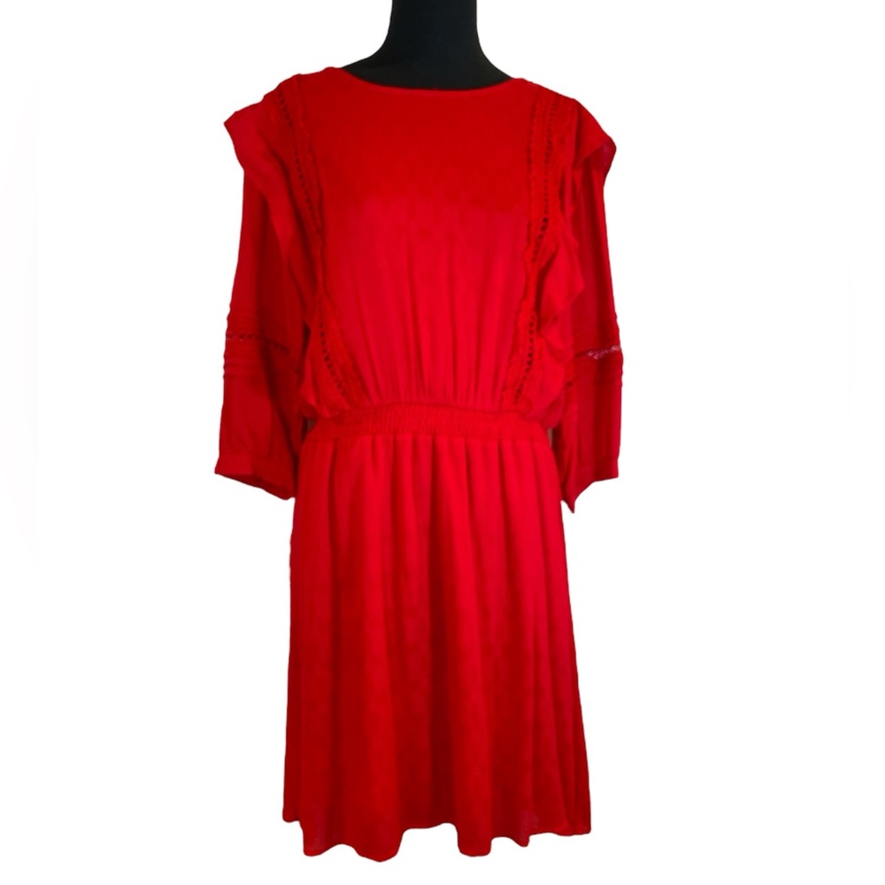 Ruffle crochet lace red elastic waist 3/4 sleeve lightweight lined midi dress